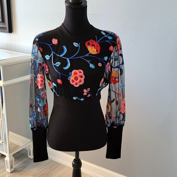 NEW COSMOPOLITAN x DRESS THE POPULATION MESH FLORAL BLACK LONG SLEEVE CROP TOP - Picture 14 of 15